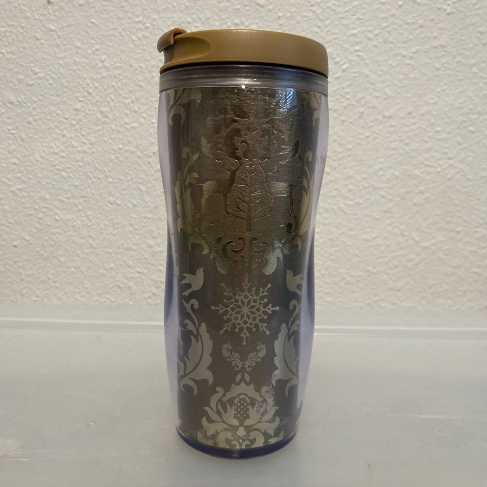 Starbucks Coffee Used 2008 Gold Design Holiday Christmas Travel Mug Tumbler  Cup